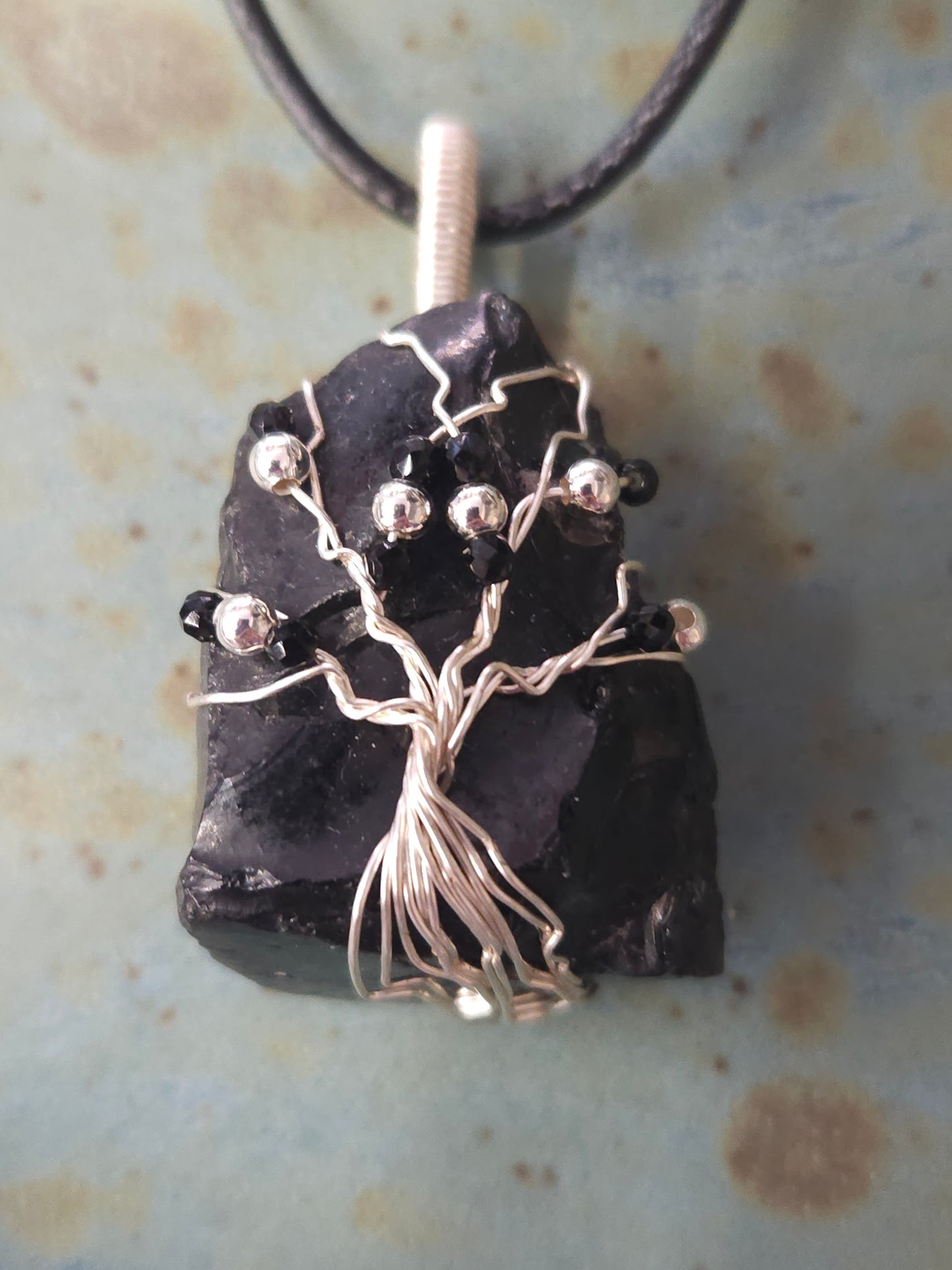 Silver Beaded Tree of Life on Oregon Obsidian