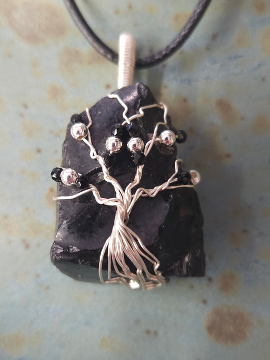 Silver Beaded Tree of Life on Oregon Obsidian