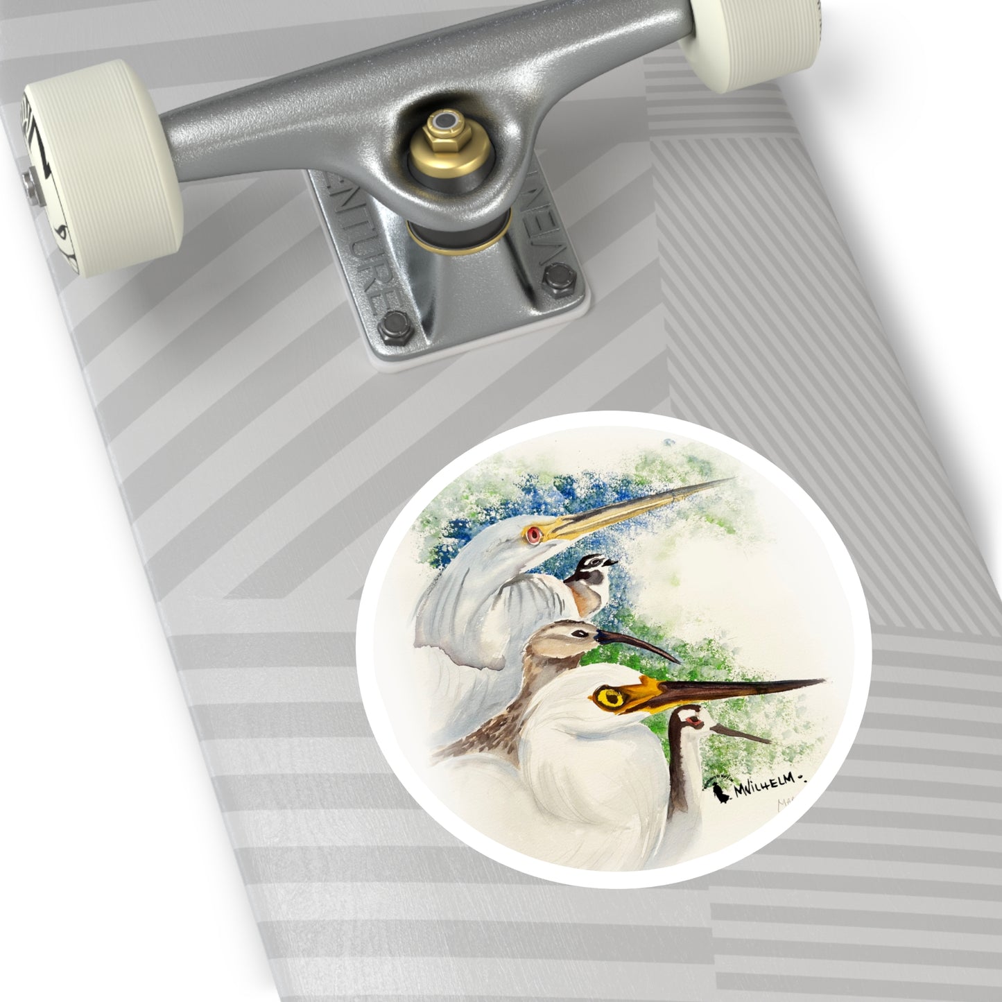Heron & Shorebird Round Sticker — Watercolor Egret Trio Outdoor/Indoor Decal