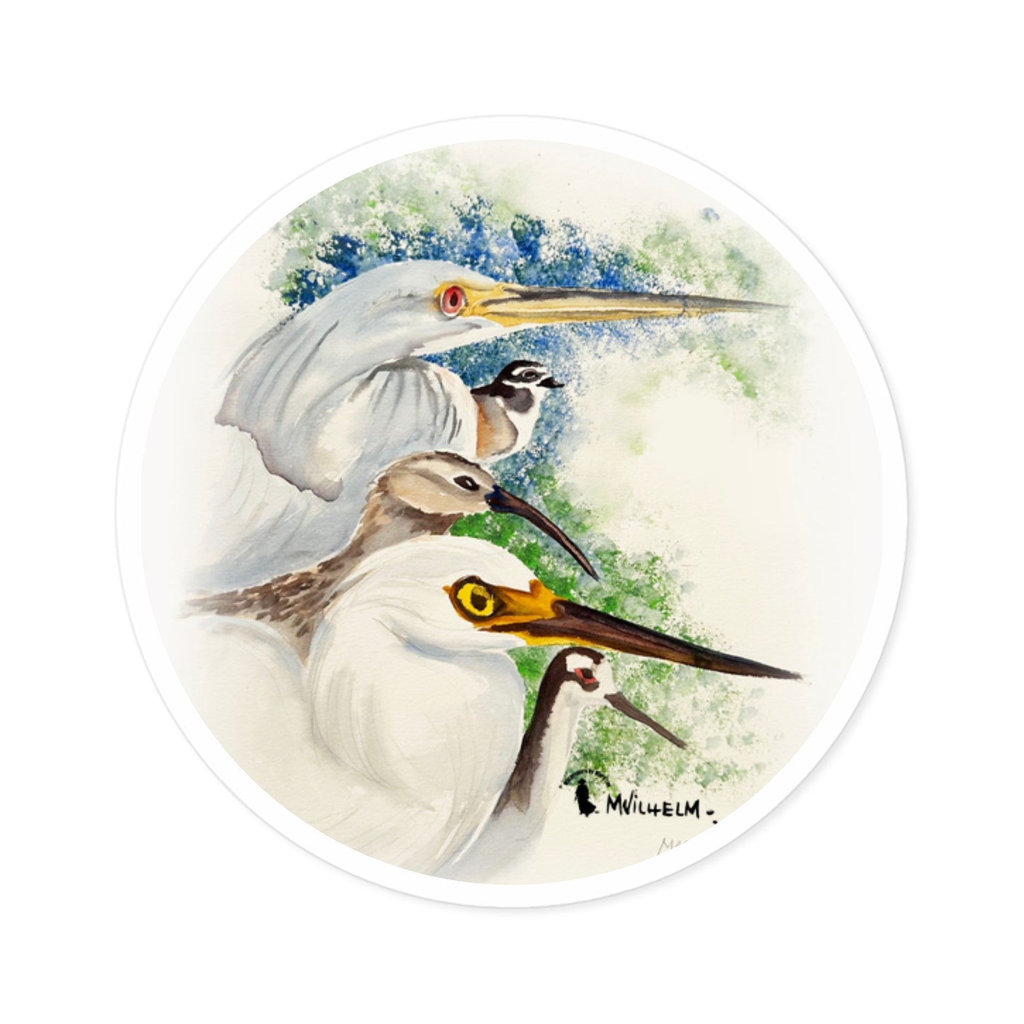Heron & Shorebird Round Sticker — Watercolor Egret Trio Outdoor/Indoor Decal