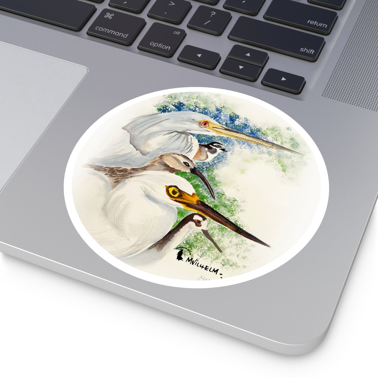 Heron & Shorebird Round Sticker — Watercolor Egret Trio Outdoor/Indoor Decal