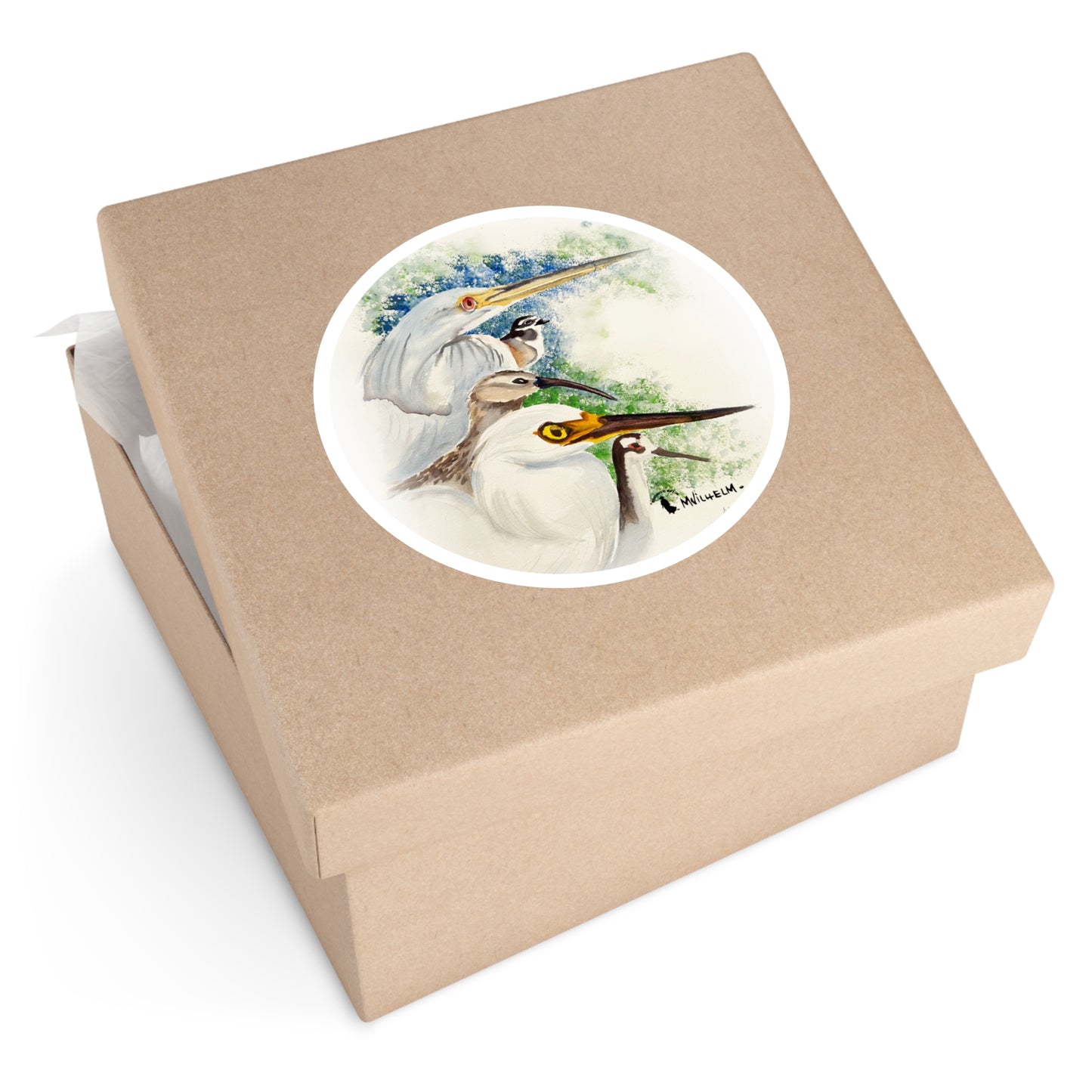 Heron & Shorebird Round Sticker — Watercolor Egret Trio Outdoor/Indoor Decal