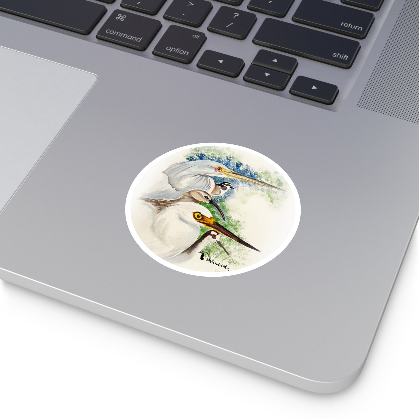 Heron & Shorebird Round Sticker — Watercolor Egret Trio Outdoor/Indoor Decal
