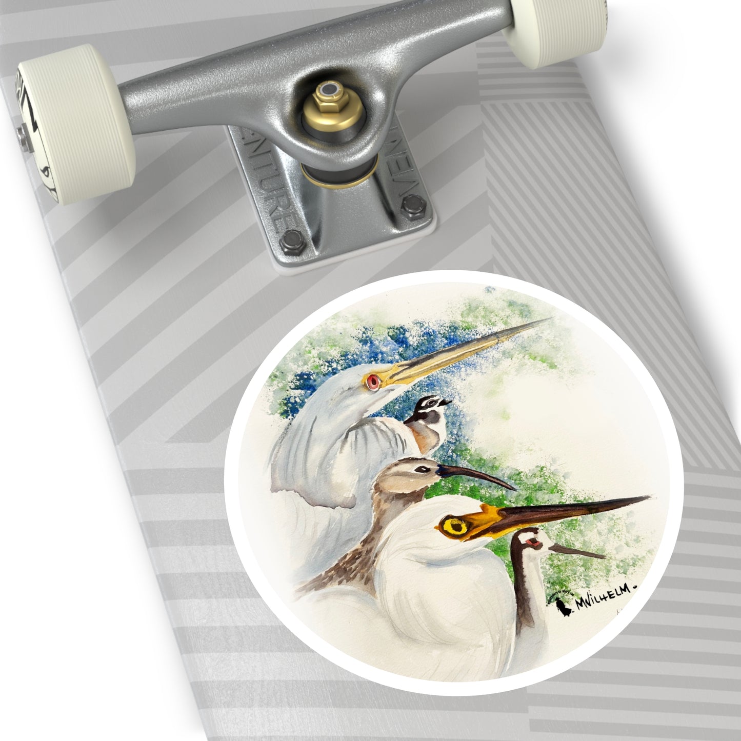 Heron & Shorebird Round Sticker — Watercolor Egret Trio Outdoor/Indoor Decal