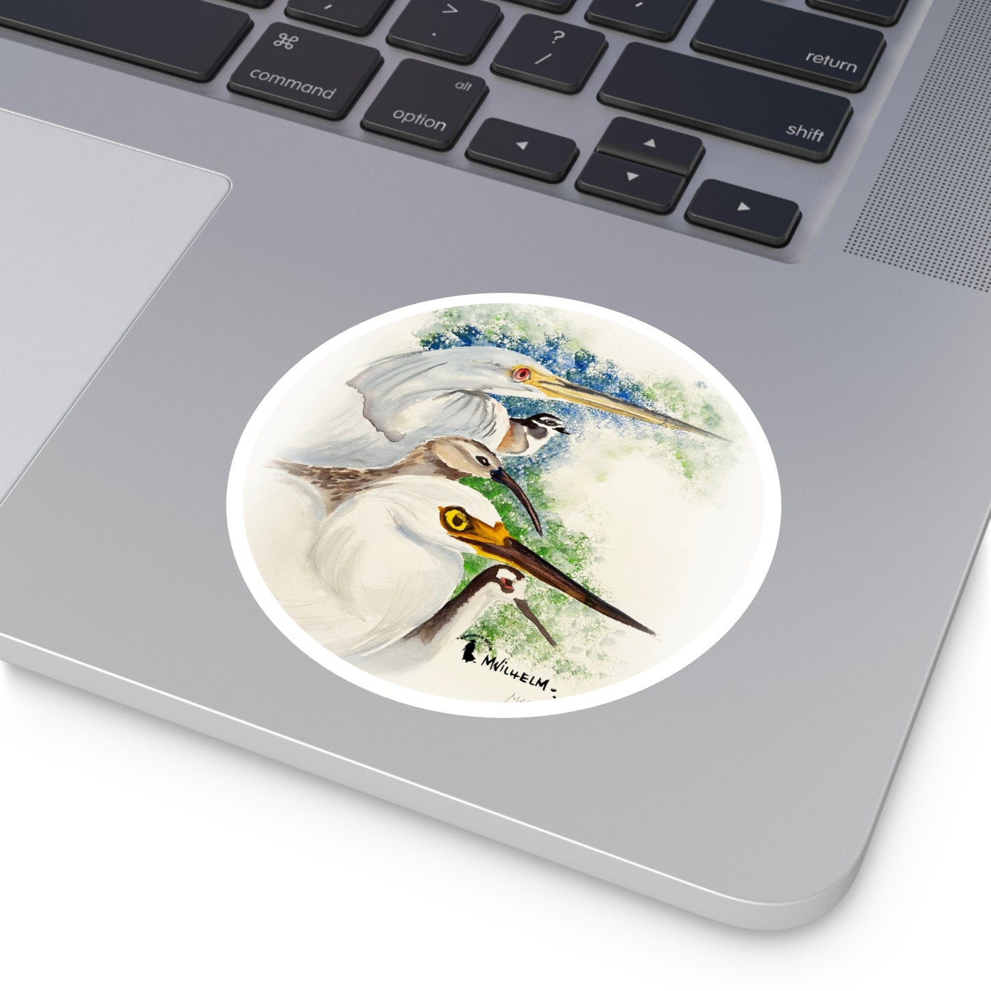Heron & Shorebird Round Sticker — Watercolor Egret Trio Outdoor/Indoor Decal