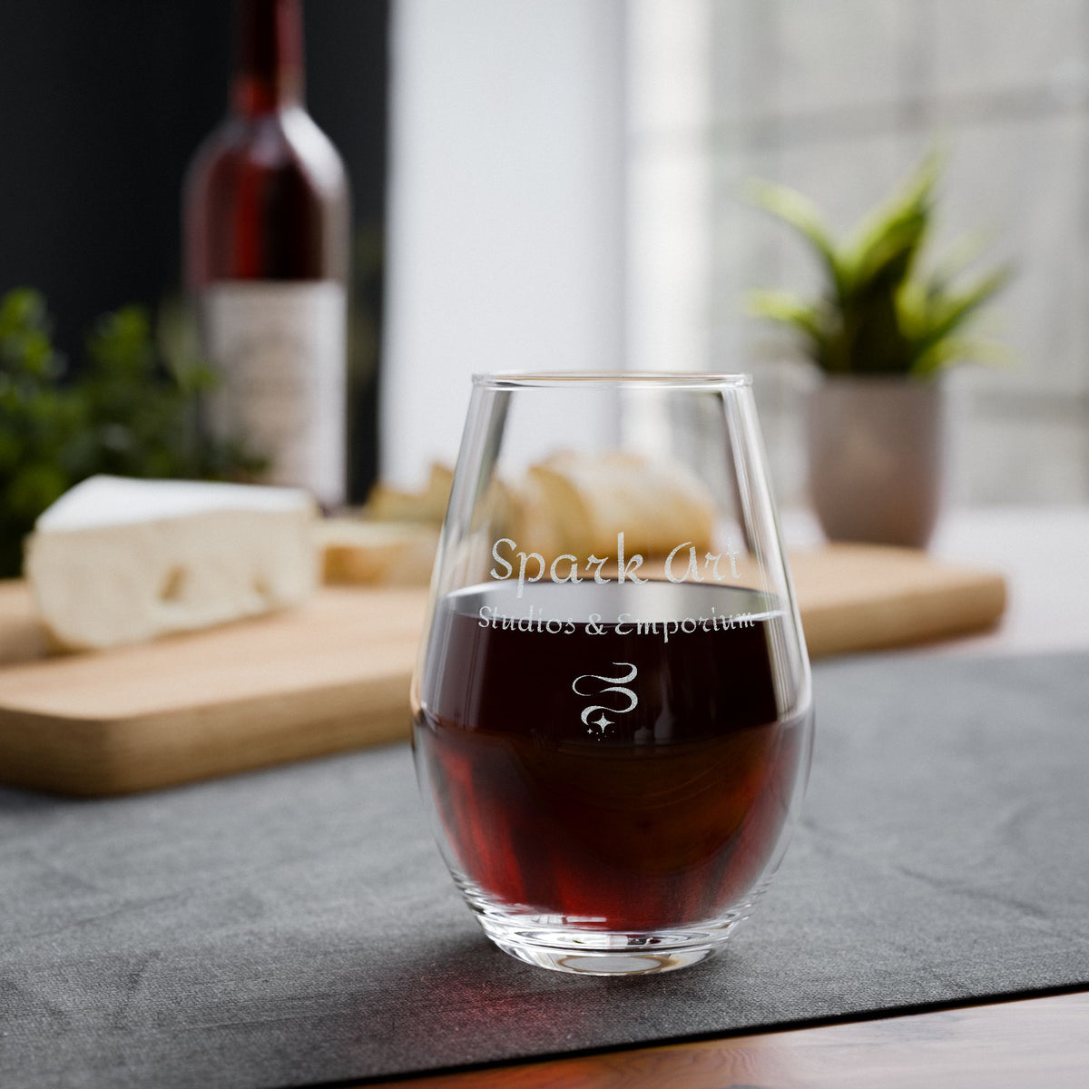 Engraved Stemless Wine Glass — Spark Art Studios & Emporium Logo