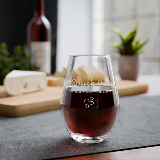 Engraved Stemless Wine Glass — Spark Art Studios & Emporium Logo