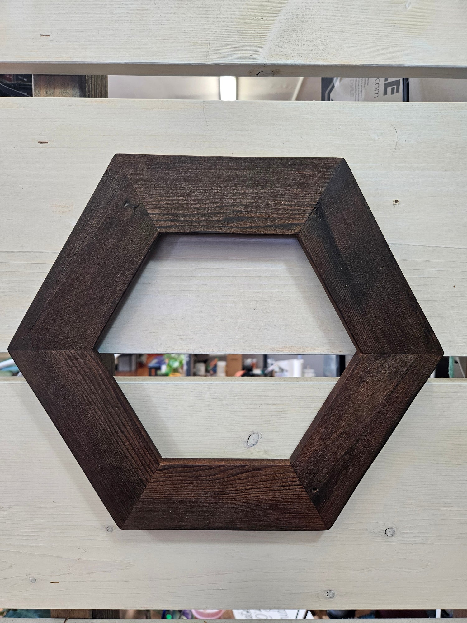 Hand crafted redwood picture frame, Hexagon shaped.
